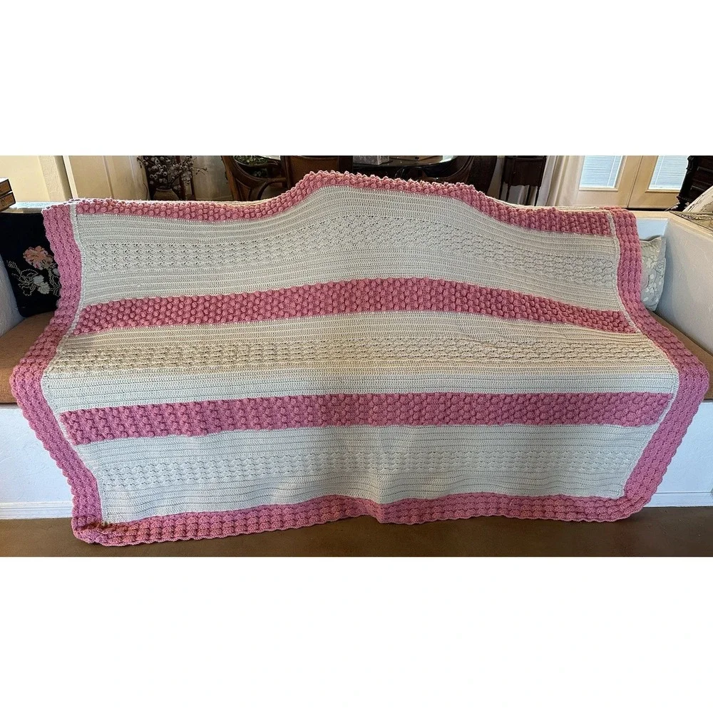 Afghan Crochet Blanket Twin Bedspread Pink Ivory/Beige Stripe French Knot ~75X99
